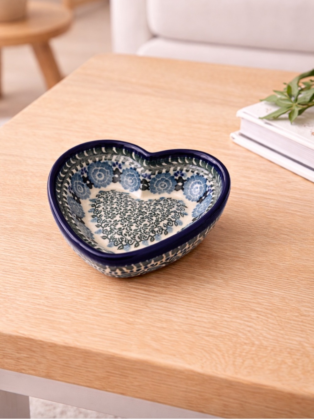 Handmade Polish Pottery Ceramic Bowl ceramika artystyczna heart bowl Blue floral